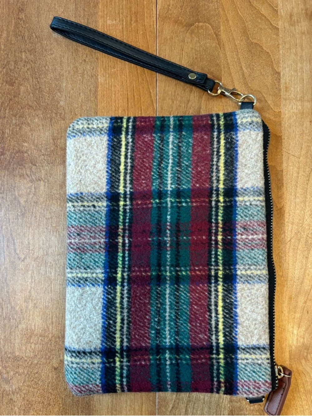 Plaid Wool Wristlet Clutch in Green and Burgundy